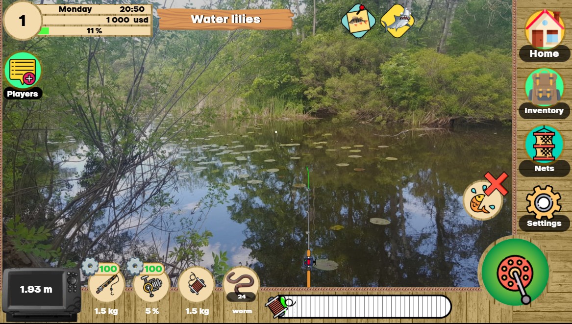 Real Fishing gameplay showing a fisherman catching a large bass